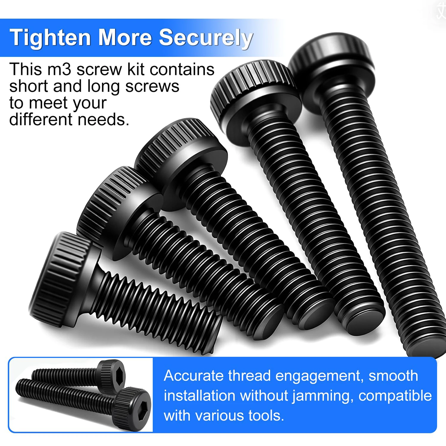 1000-teiliges M3 Innensechskantschrauben-Set, Güteklasse 12.9, M3x6-30mm, schwarze Schrauben, Muttern und Unterlegscheiben, für Heimwerker und Reparaturen – Detail 4