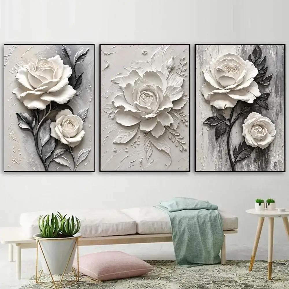 White Rose Triptych Painting Calligraphy 3PC Canvas Poster Set Wall Art Painting for Bedroom Living Room Home Decor Gift