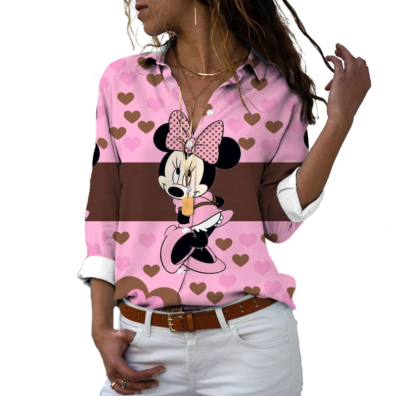 Women's Street Style Autumn Harajuku Long Sleeve Shirt Mickey Minnie Cartoon 3D Printing Ladies Lapel Single Breasted Shirt y2k