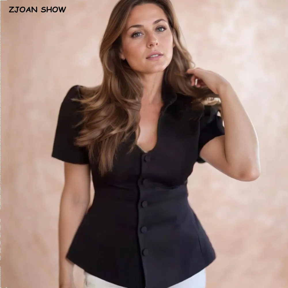 

Summer Fashion Black Cut Out Stand Collar Front Buttons Short Puff Sleeve Shirt Women Slim Waist Crop Tops OL Blouses