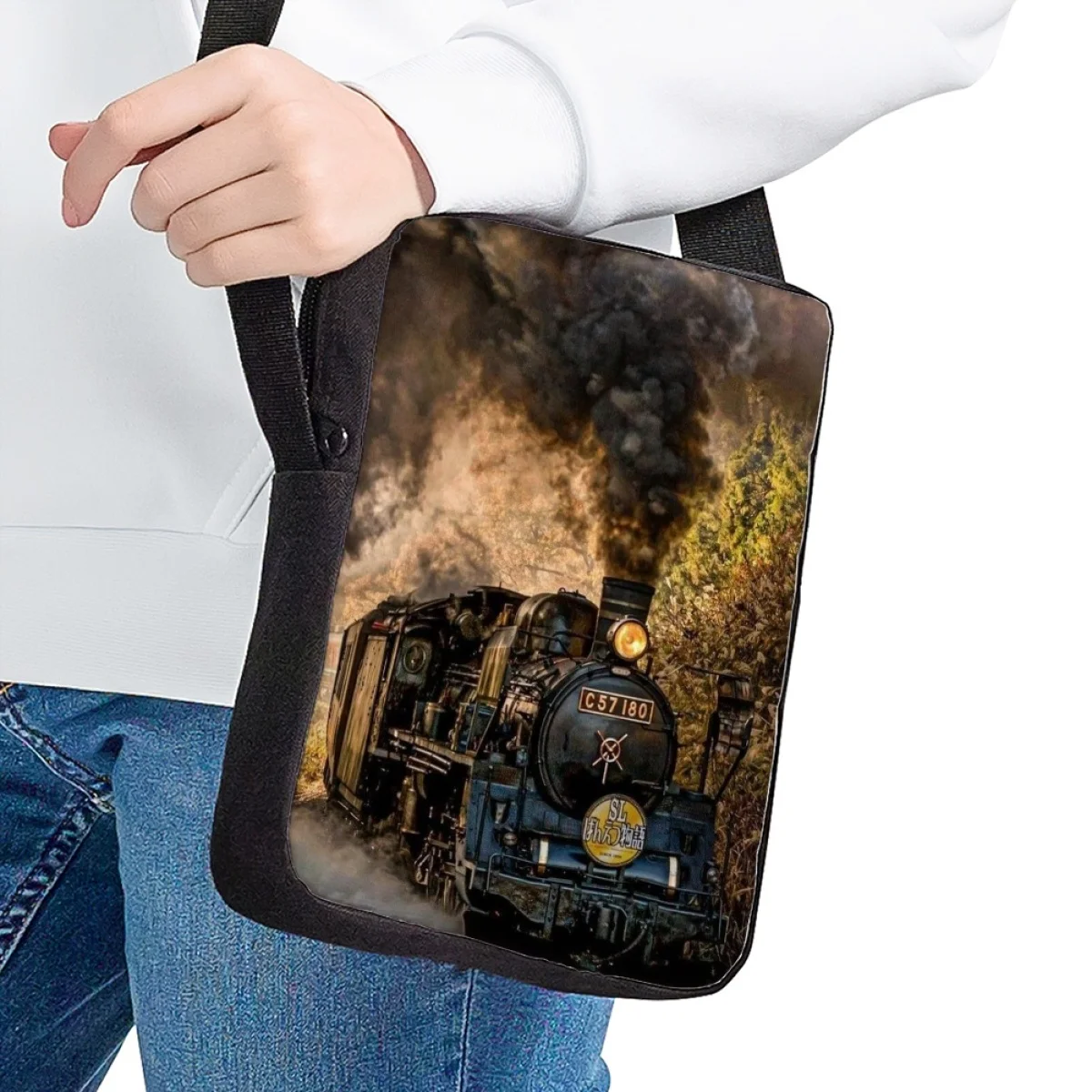 Bolsa de ombro pequena capacidade para crianças, estampa padrão de trem móvel, bolsa mensageiro, viagem prática casual, bolsas crossbody ajustáveis