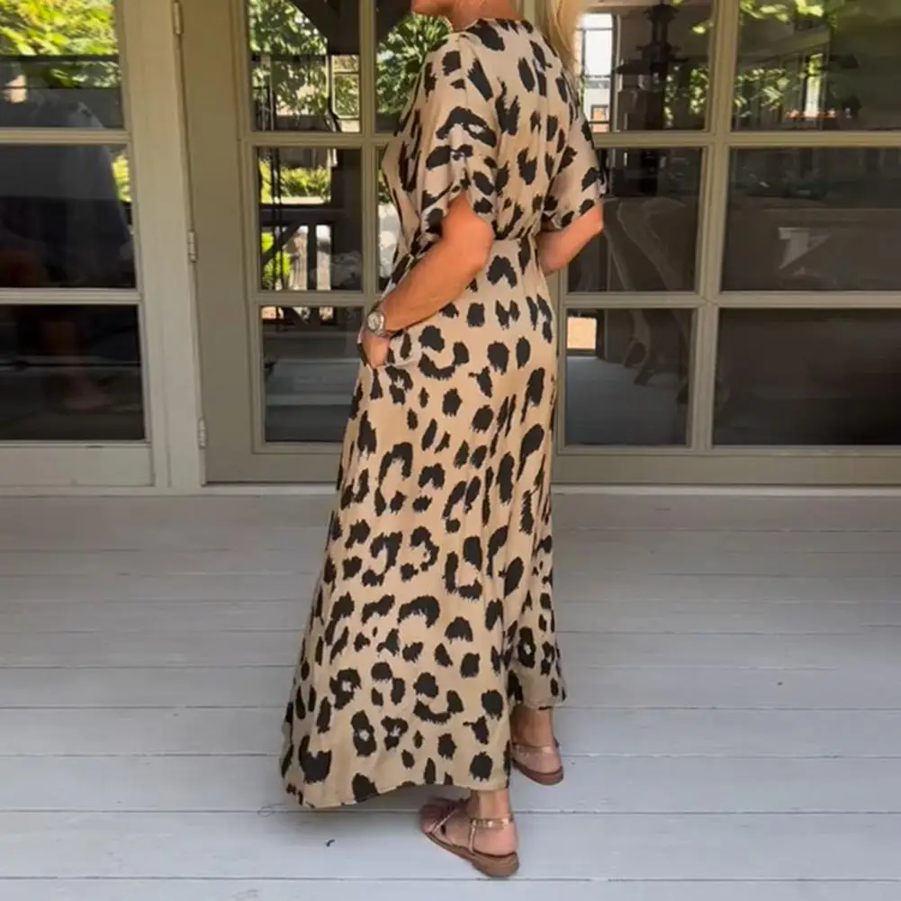 Women Leopard Print Dress V Neck Tight Waist Single-breasted Split Hem Dress Summer Ankle Length Shirt Dress Lady Maxi Dresses