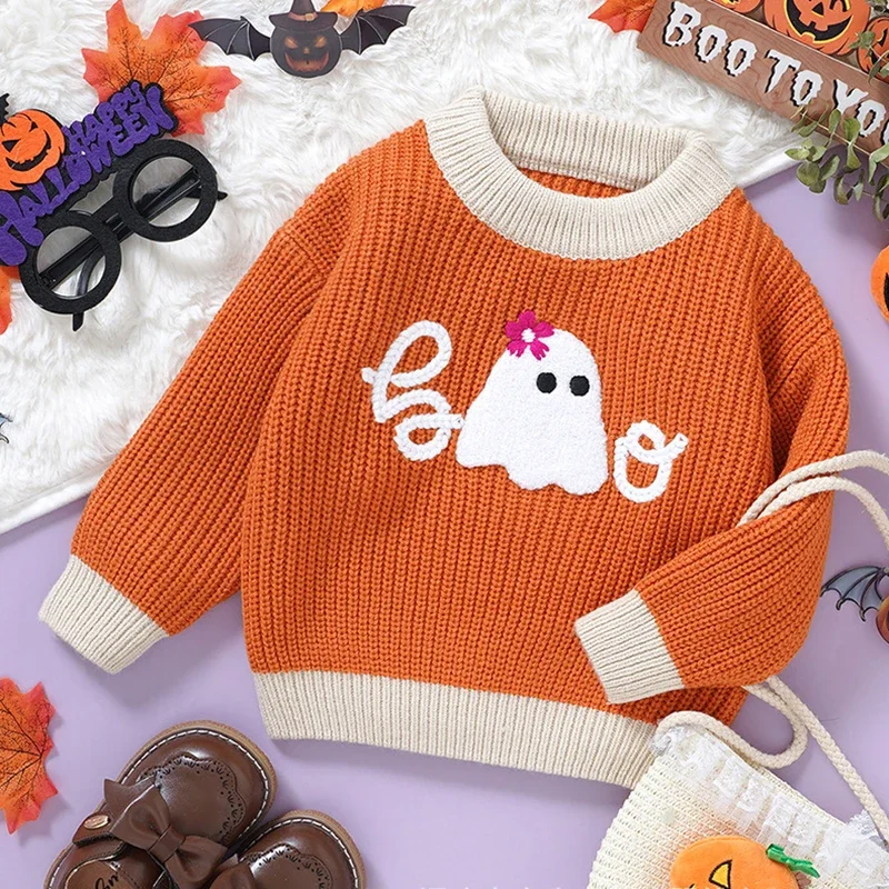 

Halloween Toddler Kids Knitted Sweater White Ghost Embroidery Orange White Trim Autumn Winter New Pullover for 0-3Y Childrens
