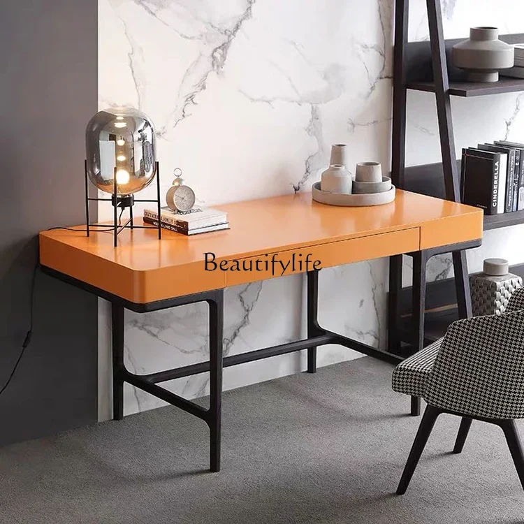 

35Italian light luxury orange solid wood office desk model room study furniture complete orange writing desk