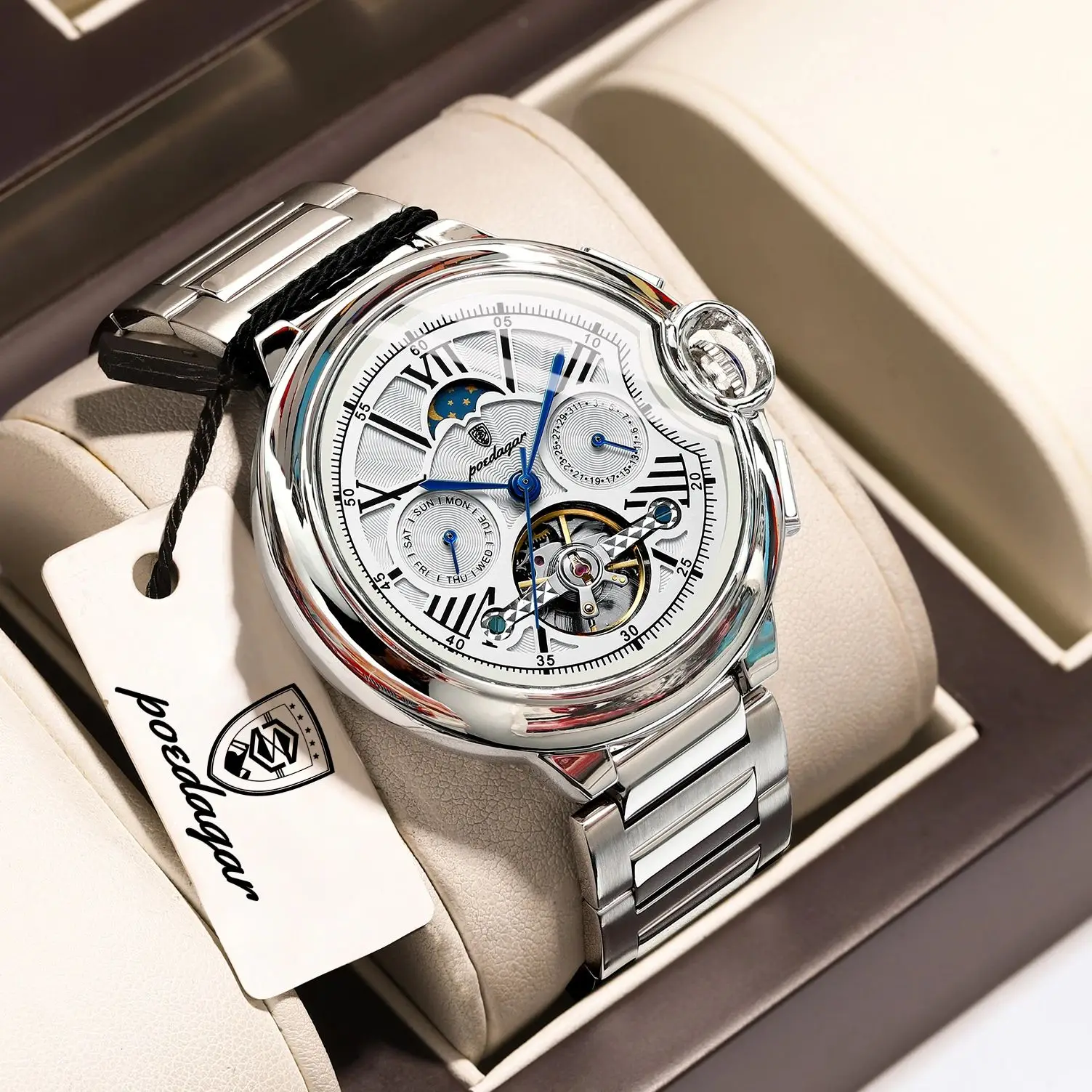 

Мужские наручные часы POEDAGAR Top Fashion с турбийоном, указателем даты и дня недели, из нержавеющей стали, водонепроницаемые, автоматические, механические.