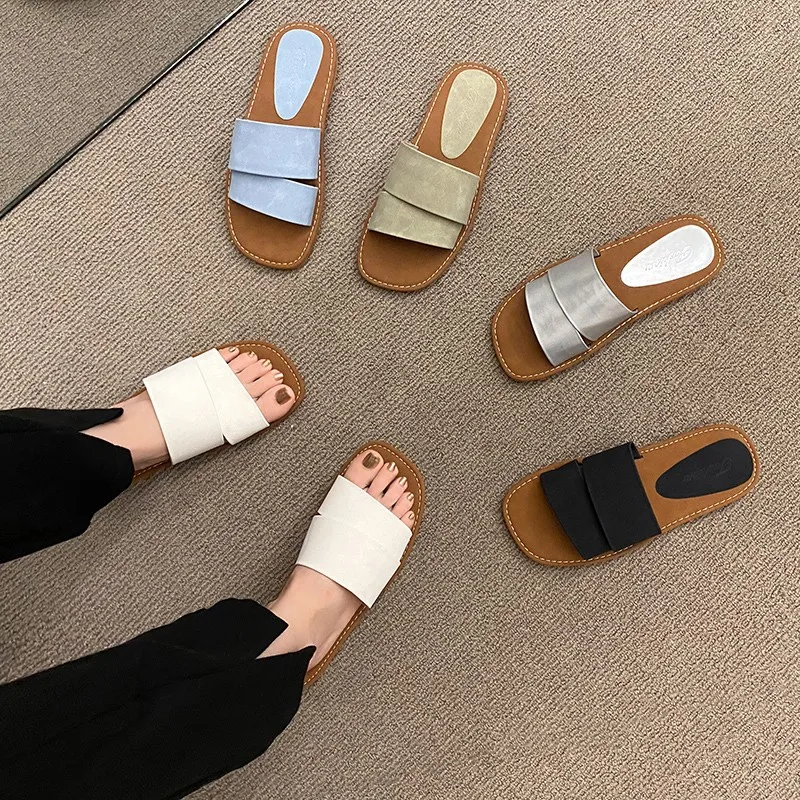 

Summer Lady Comfort Square Head Non-slip One-line Slippers Travel Vacation Beach Open-toe Casual Shoe Flip-flops Sandals Outdoor