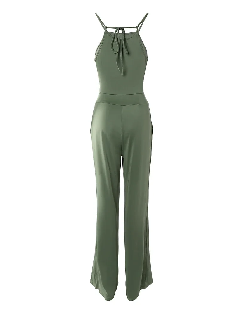 Halter Cutout Pocket Design Wide Leg Jumpsuit Women Overall Pants Jumpsuit Sleeveless Hollow Out Sexy Spring Summer