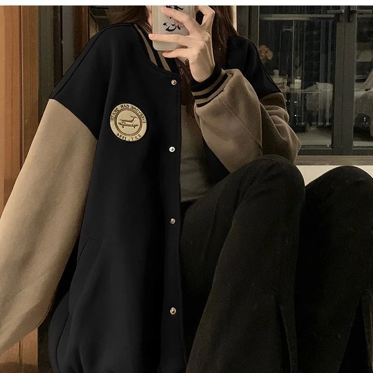 Lazy style baseball jersey jacket women\'s autumn and winter velvet american retro loose casual sweatshirt ins tide merald