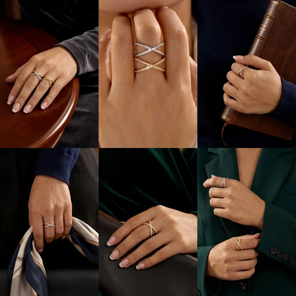 Moderner Kreuzring für Damen, zarter Messing-Zirkon-Ring in X-Form, breiter, gepflasterter Bandring, geometrischer Statement-Schmuck, atmungsaktiv – Detail 2