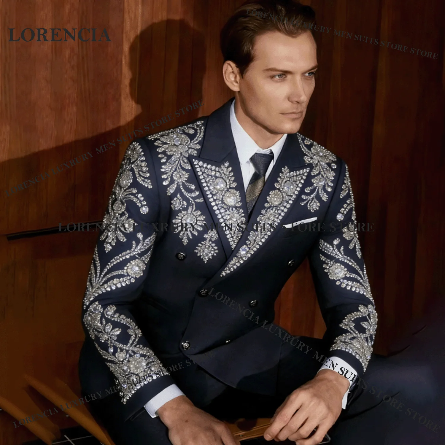 

Customized Double Breasted Men suits For Wedding Groom Sequins Diamond Male Prom Party Luxury Blazer 2 Pieces Sets Tuxedos Slim