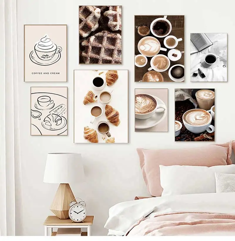 Vintage Latte Coffee Croissant Lines Cookie Posters And Prints Canvas Painting Wall Art Pictures For Living Room Home Shop Decor