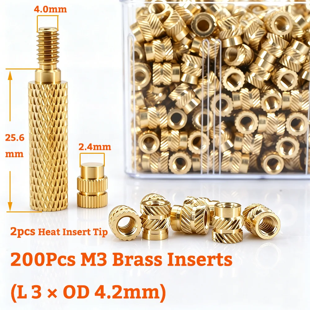 Heat-Set Insert Tools Kit Soldering Iron and 3x3x4.2 200Pcs Brass Thread Insert Nut with Insert Tips for 3D Printing and Plastic