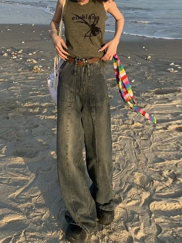 

High Waist Wide Leg Vintage Washed Denim Jeans Women's Spring Autumn Loose Slimming Straight Leg Pants for plus Size Girls