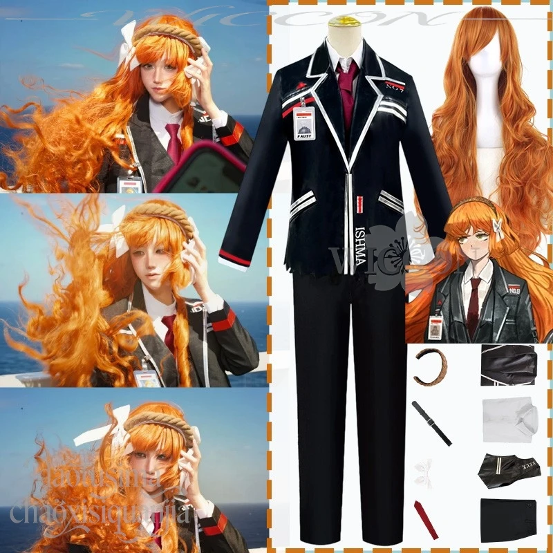 

Ishmael Cosplay Anime Game Limbus Company Black Uniform Coat Pants Orange Long Curly Wigs Handsome Halloween Party