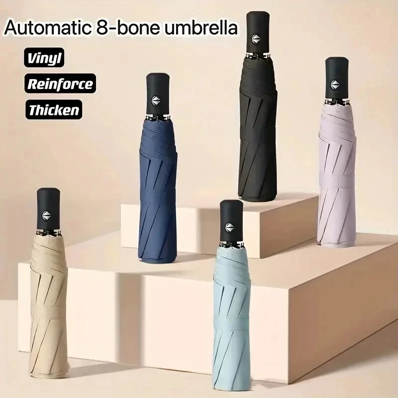 Paraguas Automático de Alta Calidad con 8 Varillas, Apertura/Cierre con un Toque, Diseño Plegable Compacto, Azul Marino y Negro, para Hombres y Mujeres, Uso Profesional