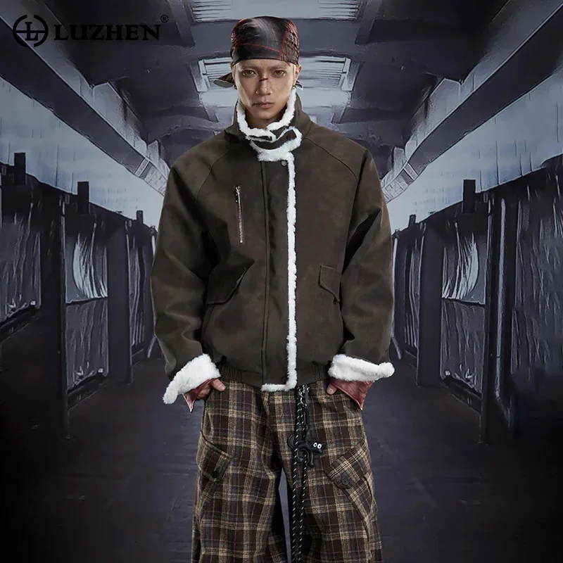 

LUZHEN 2025 зимняя высококачественная парка из овечьей шерсти с начесом в стиле пэчворк, теплая парка с воротником-стойкой, мужская модная повседневная одежда JY5718