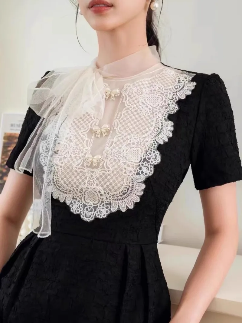 Vintage Black Women Dress Bodycon Elegant Short Sleeve Lace Patchwork Women's Clothing Runway Design Evening Party Vestidos