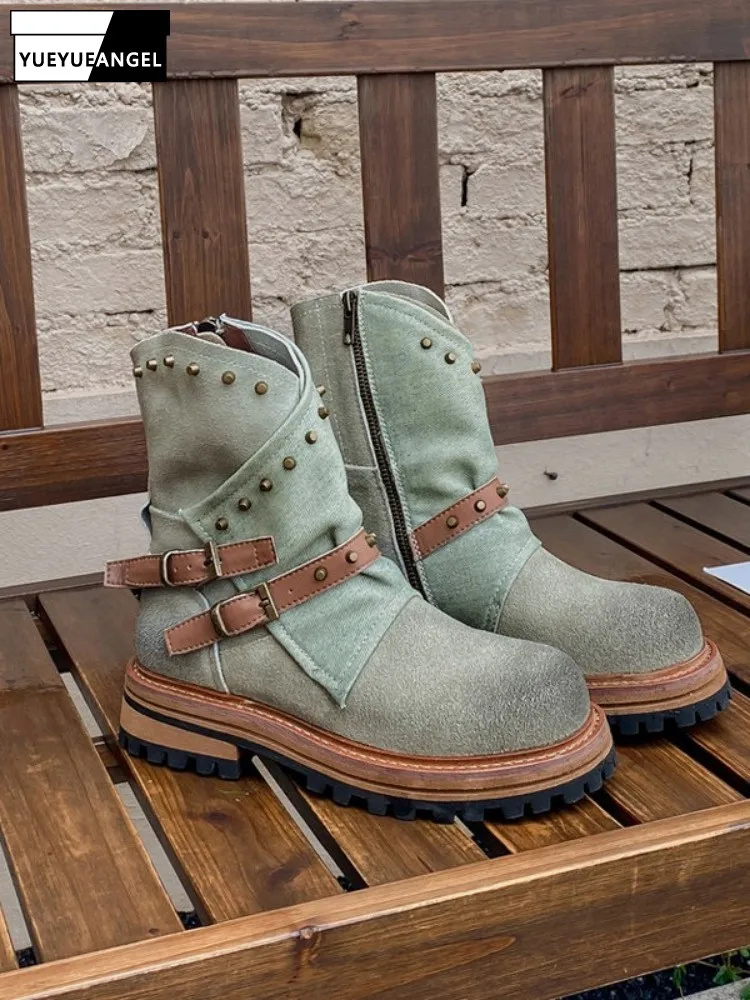 Botas cortas de plataforma para mujer, estilo motociclista, vintage, de mezclilla con inserciones de ante de vaca, con remaches, tipo cargo, de caña alta, punta redonda, casuales, estilo cowboy.