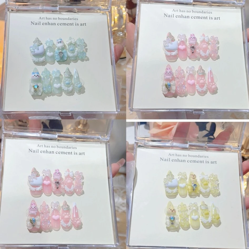 10枚入り Y2K風 可愛い和風ジライ系 手作りプレスオンネイル ギャルアニメ風 偽爪 ヤミカワイイ 3Dリボン キャットクロー ピンクネイルアート