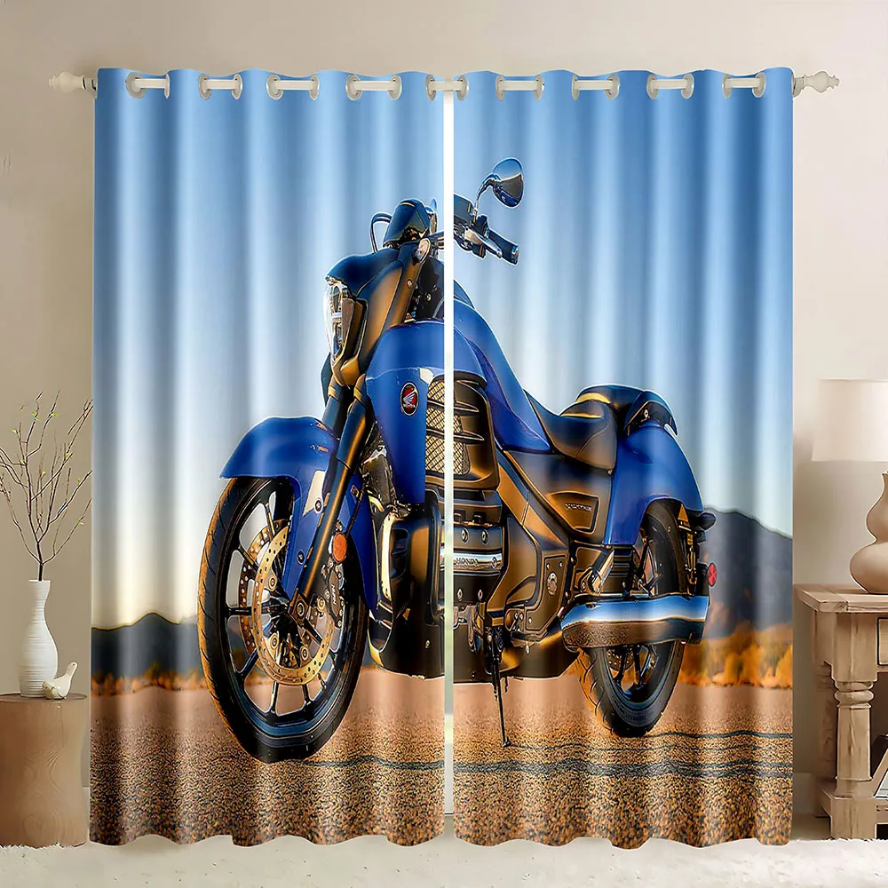 Motorcycle Window Curtains,3D Dirt Motocross Bike Rider Silhouettes Crossing The Road In Motocross Race Thick Blackout Curtains