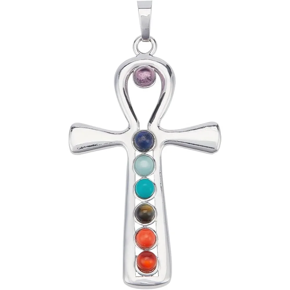 Cross Charms 7 Chakras Natural Quartz Gemstones Beads Pendant Charms Point Chakra Reiki - Ankh Cross Style for Easter Eid