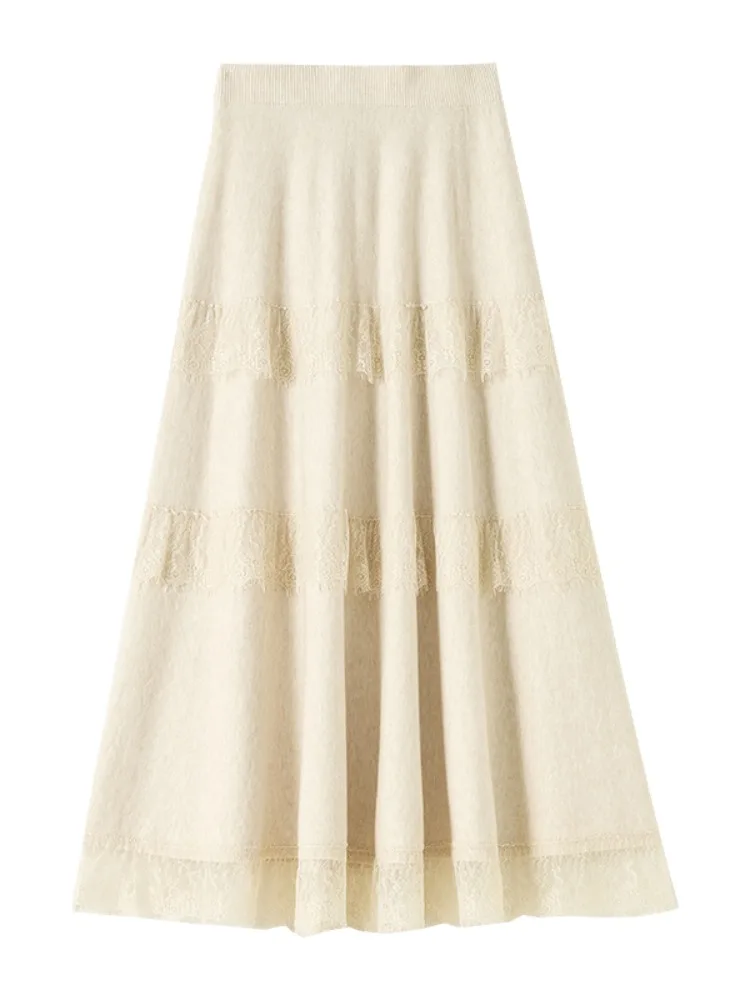 Spitze Gestrickte Kuchen Rock Hohe Taille A-Line Langen Rock frauen Herbst Winter Ele Drapierte Fulln Abnehmen f-länge Rock