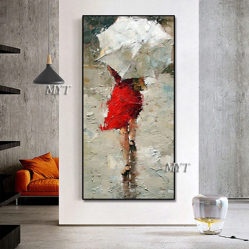 

Bedroom Decor Oil Painting Acrylic Art Wall Picture Canvas Artwork Unframed, Abstract The Girl In Red With The Umbrella Painted