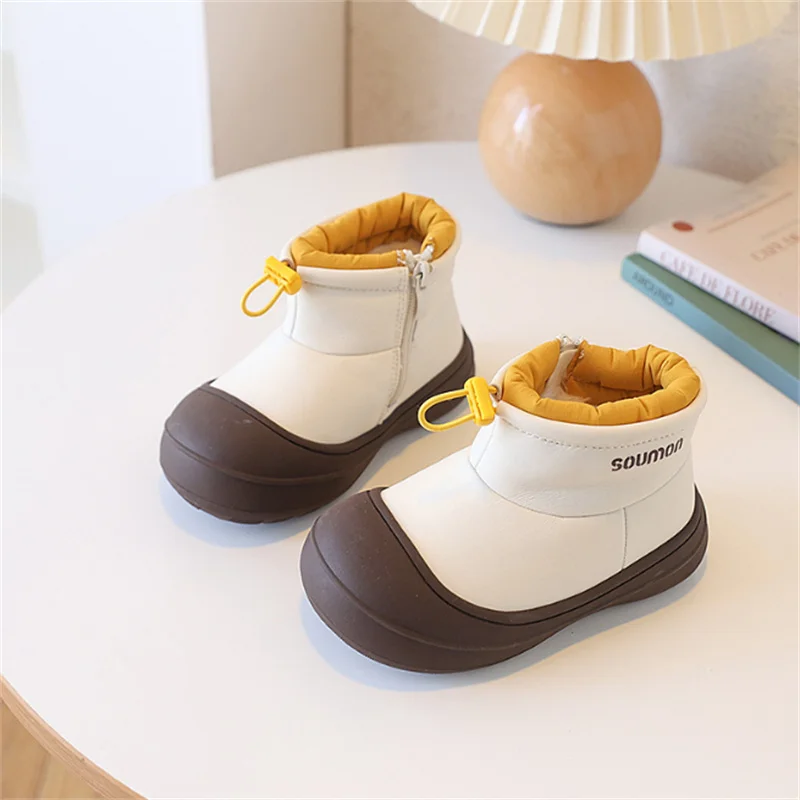 

New Winter Children Snow Boots Leather Warm Plush Waterproof Kids Shoes Non-slip Soft Sole Fashion Girls Boys Boots EU 26-37