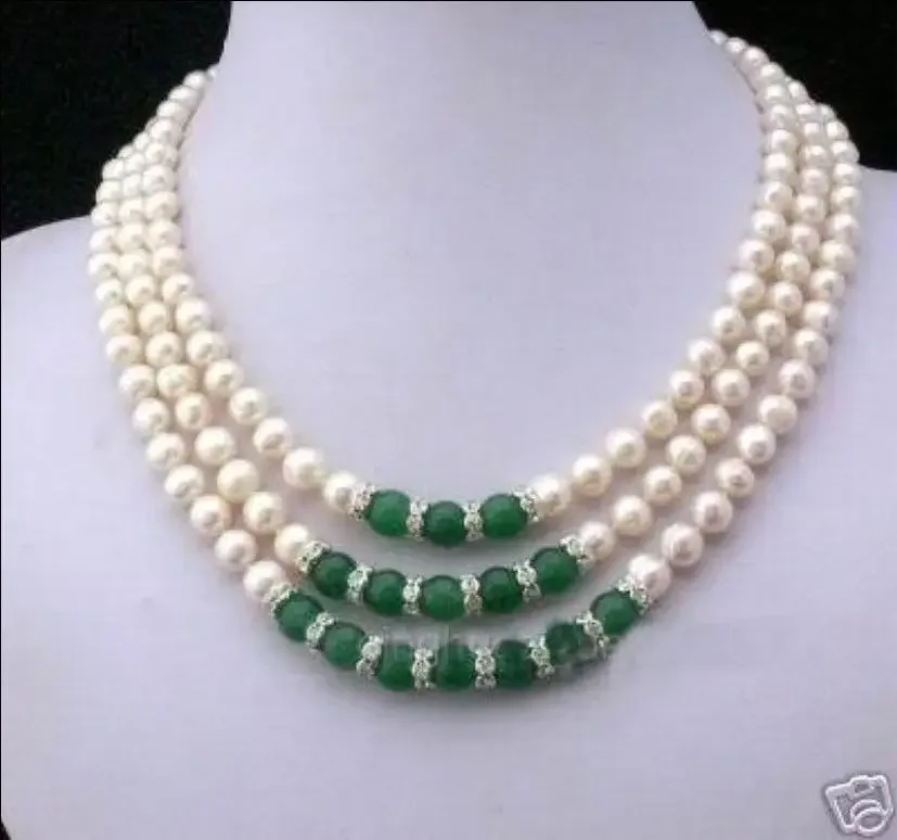 

3Rows 7-8MM White Akoya Pearl and Green stone Necklace