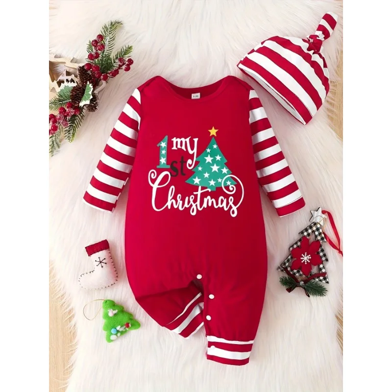 

Baby Christmas Onesie Festive Red Striped Long Sleeve Bodysuit Cotton Blend Round Neck Snap Buttons Perfect for Outdoor Indoor