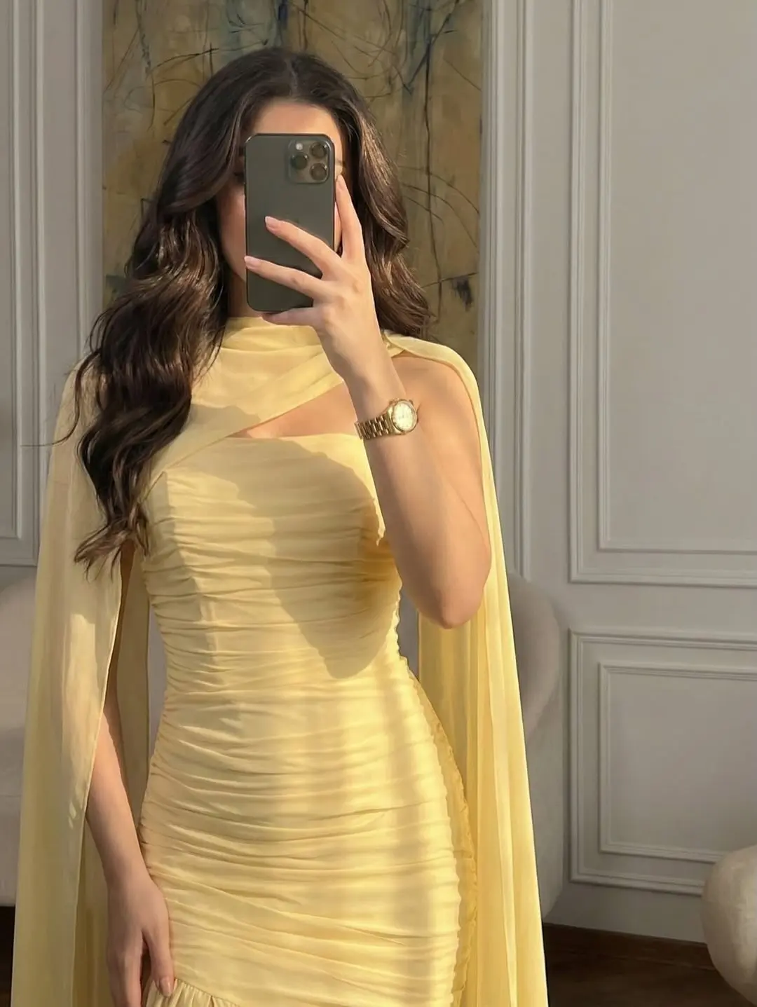 

Customize Elegant Yellow Cape Sleeve Maxi Dress Women New O Neck Ruched High Split Chiffon Formal Evening Party Gown FloorLength