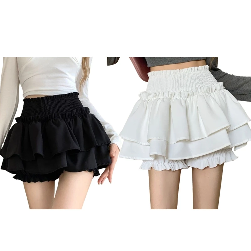 

Womens Japanese Ballet Styles Shirred High Waist A Line Pleated Cake Skirt Layered Ruffle Sweet Skort Built in Shorts