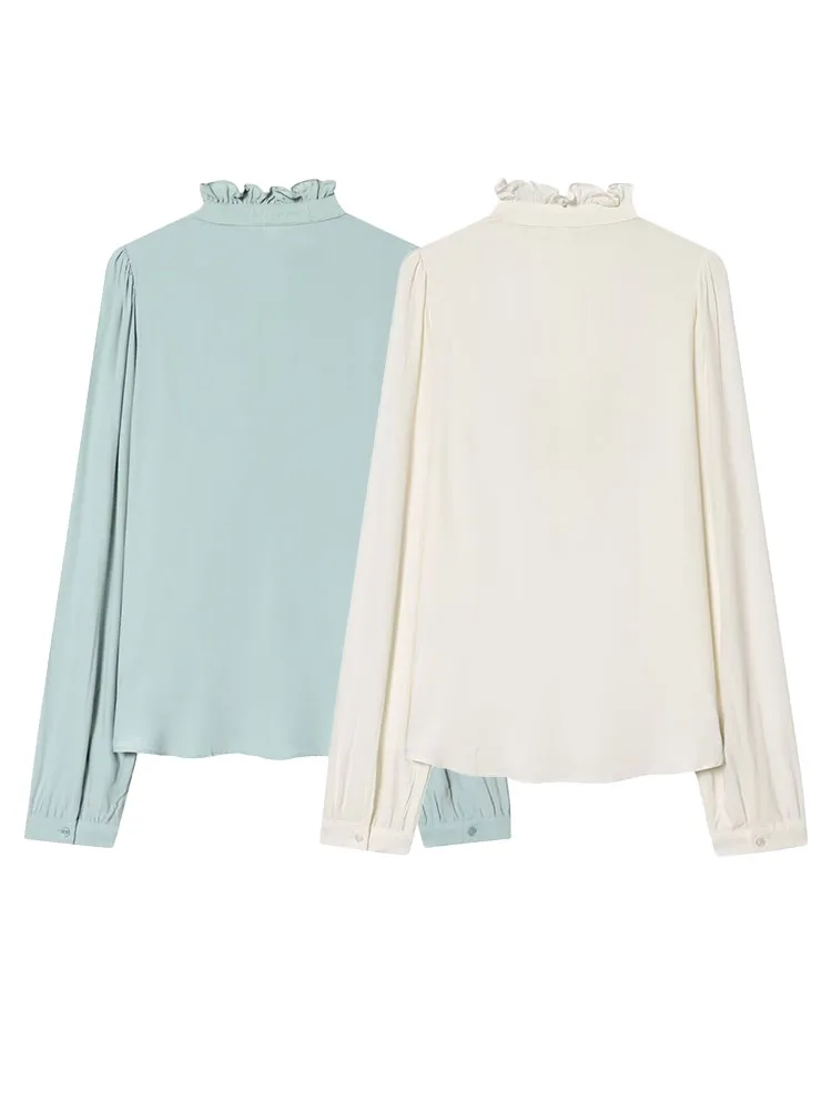 HH レディース 2026 春ファッション 無地 フリル襟 ビスコース プルオーバー トップス 女性用 エレガント ボタン飾り カジュアル 長袖シャツ