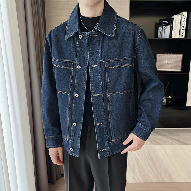 2025 Spring Men's Denim Jacket Cotton Long Sleeve Loose Jeans Flip Collar Social Streetwear Harajuku Denim Jacket Men Clothing