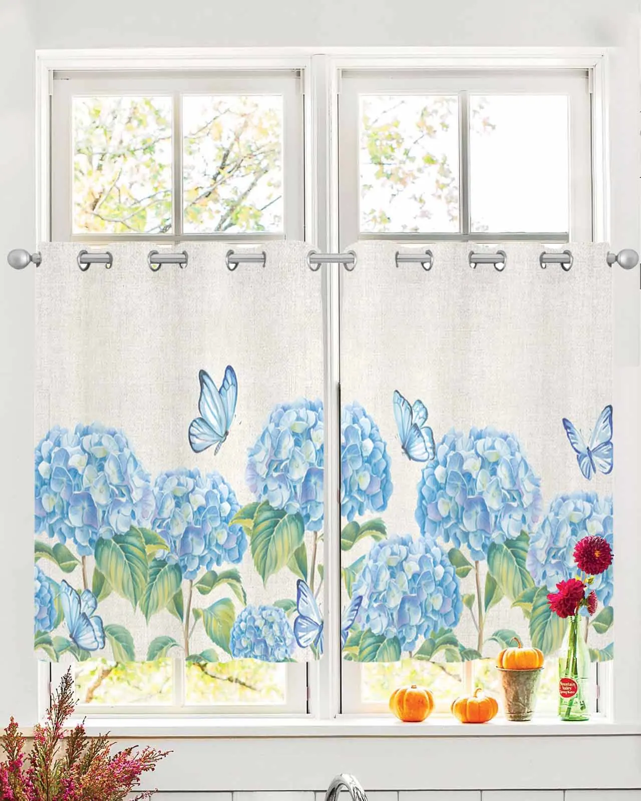 

2 шт., тюлевые оконные шторы, винтажные фермерские летние гортензии для гостиной, спальни, прозрачная шифоновая прозрачная вуаль, оконная занавеска