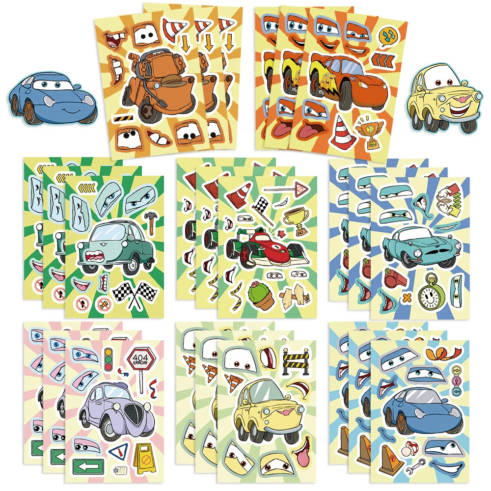 

8/16Sheets Disney Cartoon Cars Lightning McQueen Puzzle Stickers Make a Face Children Create Your Own Anime Jigsaw Game Kids Toy