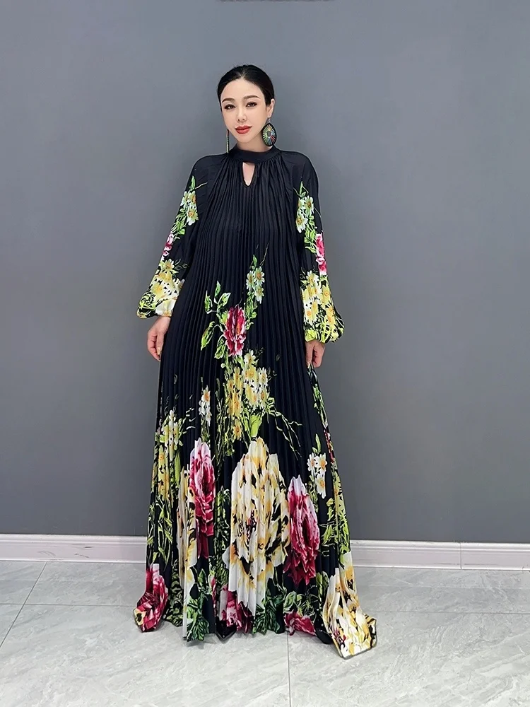 2024 Spring Summer Casual Light Luxury Wind Pressure Pleated Waist Long Dress Fashion Printed Small Flower Personalized ZY1923