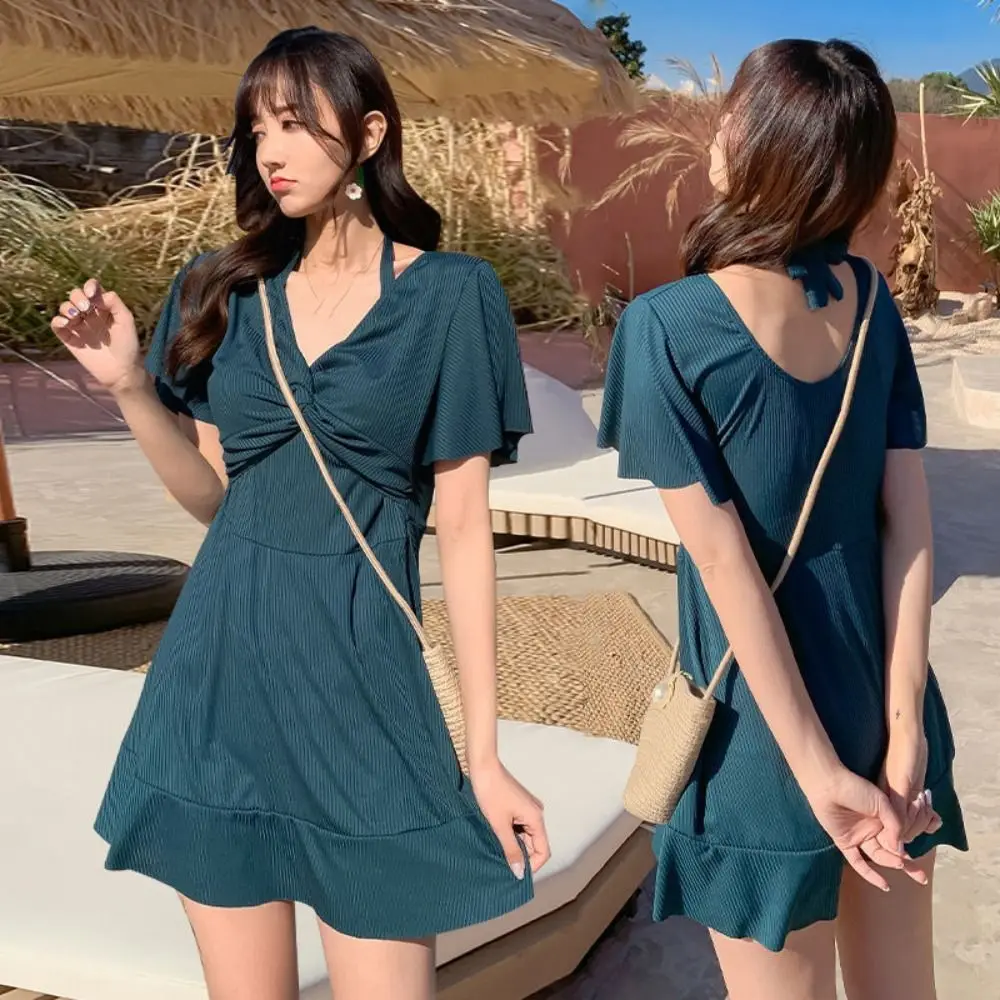

Fashion Safety Pants Halter Skirt Swimsuit Short Sleeve Beachwear Hot Spring Swimwear Pleated Bathing Swimwear Suit Summer