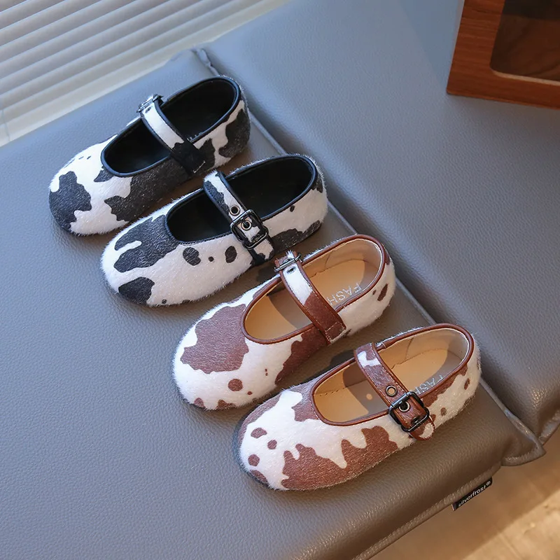 

Детская обувь из искусственной кожи, весенне-осенняя новая шапочка с рисунком коровы для девочек, лоферы принцессы Мэри Джейн на плоской подошве, размер 23-34