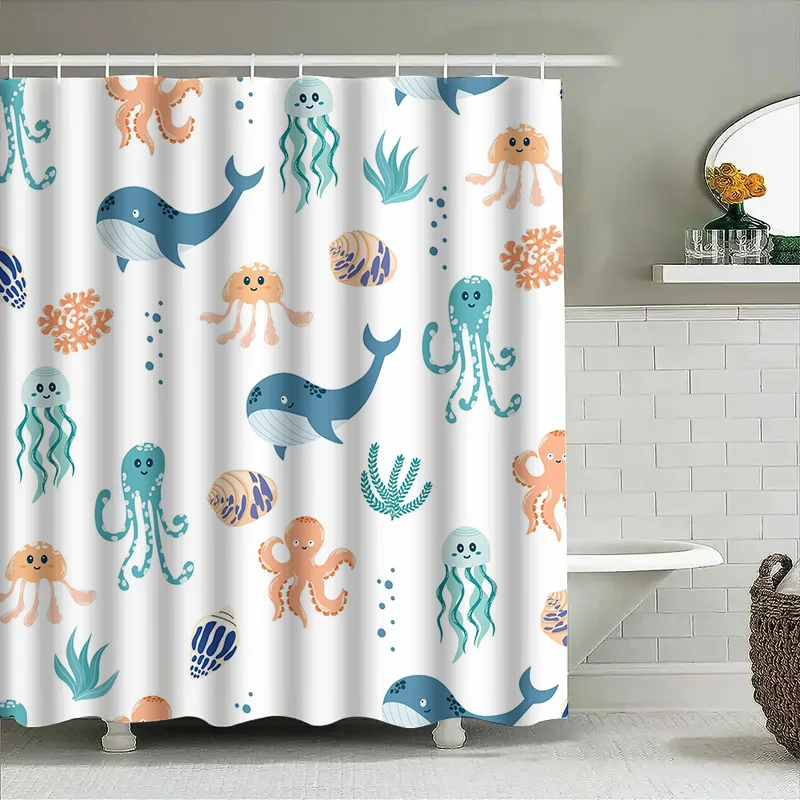 

Underwater World Shower Curtain Cute Octopus Jellyfish Design for Bathroom Decorations