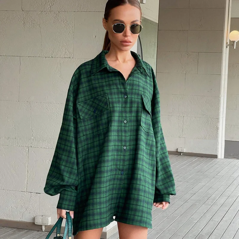 

Autumn Winter New American Retro Green Plaid Oversize Niche Loose Long Sleeve Shirt