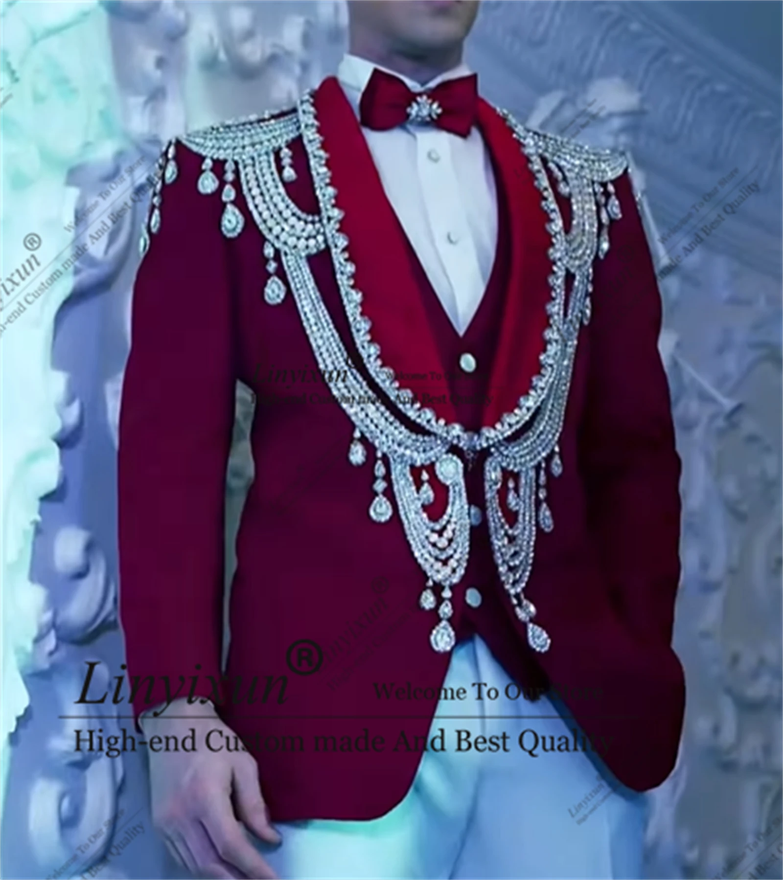 

Latest High-end design Bead Diamond Men Suits 3 Pieces Slim Party Prom Blazer Customized Costume Homme Male Groom Tuxedos