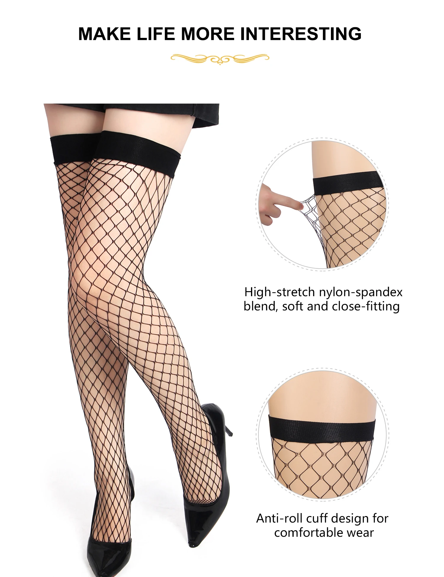 3XL 5XL تخزين أسود مثير متوسطة شبكة ثقوب مكافحة لفة الكفة جوارب شبكية عالية المرونة دائم الجوارب الطويلة النساء حجم كبير #5