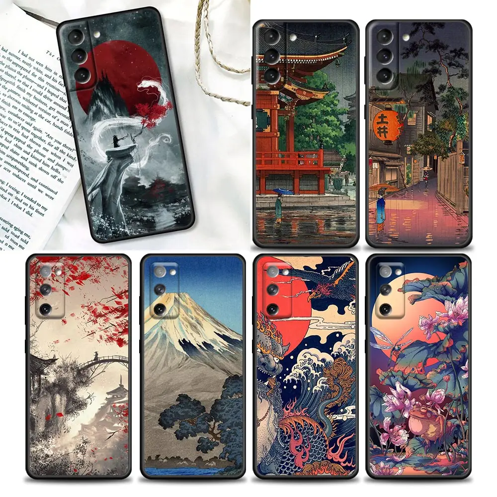 Japanese Style Art Ukiyo-e Phone Case For Samsung Galaxy S24 Ultra S23 S20 S21 FE S10 S9 S22 S24 Plus 5G Cases Black Soft Cover