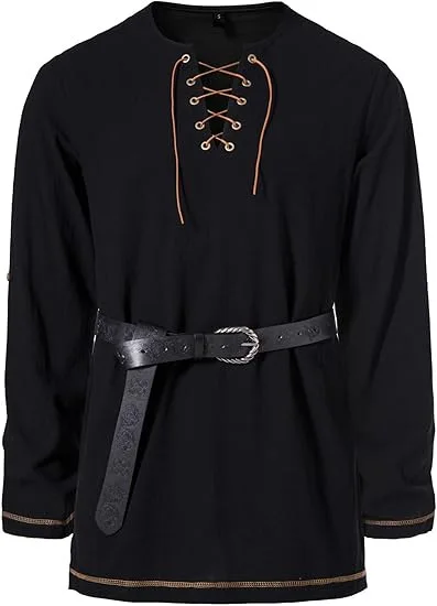 Mittelalterliches Schnür-Tunika-Hemd für Herren, Renaissance-Wikinger-Piraten-Kostüm, langärmliges Retro-Oberteil mit Gürtel für Halloween-Cosplay – Detail 13
