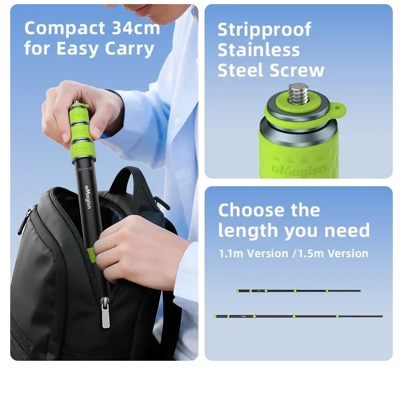 aMagisn 1,5 m (59,0 Zoll) / 1,1 m (43,3 Zoll) Motorrad-Selfie-Stick für GoPro DJI Insta360, 1/4 Zoll unsichtbare Teleskopstange – Detail 3
