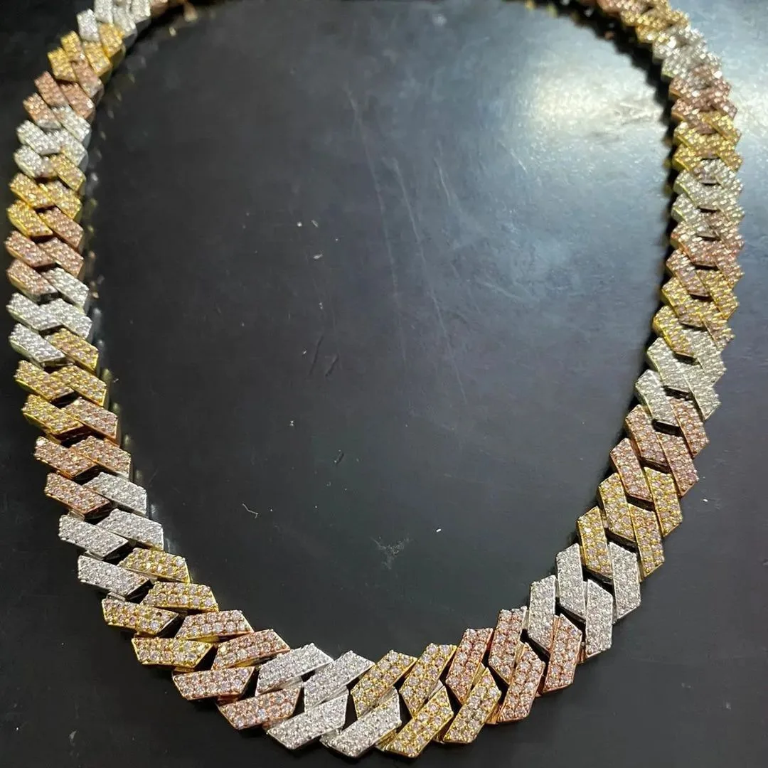 

Sparkling Cuban Link Chain Necklace Tri Color Hip Hop Jewelry Round Cut Moissanite Rappers Chain