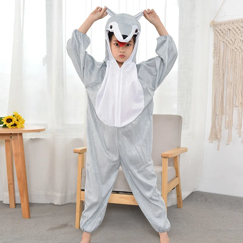 Umorden Children Kids Baby Girl Boy Gray Wolf Costume Jumpsuit Cartoon Animal Wolf Performance Children\'s Day Costumes Jumpsuits