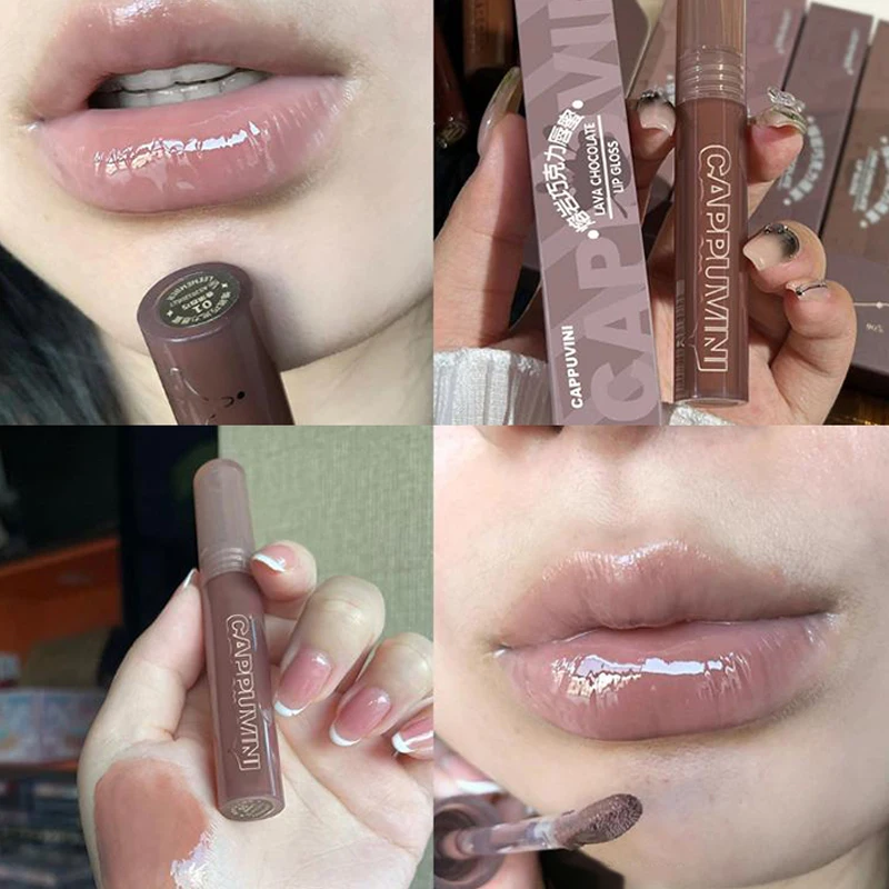Cappuvini Punk Dark Brown Mirror Water Lip Gloss Red Lip Glaze Transparent Glass Lip Oil Waterproof Liquid Lipstick Tint Makeup