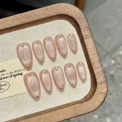 10pcs Handmade Sweet Cat Eye French Press on Nails Shiny Almond Rhinestone Design Nails Art Full Cover Wearable Manicure